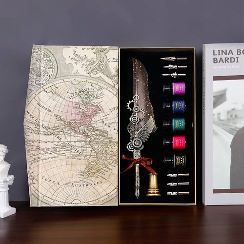 AIYNC Feather Pen Set, Feather Pen Set, with Feather Pen, Feather Calligraphy Pen Set, Writing Calligraphy Pen, Writing Letters, Diaries, Signatures, Invitations and More (Grey)…