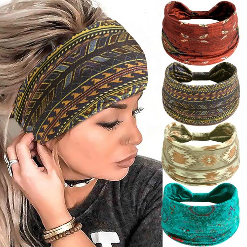 SAWINDA Boho Headbands for Women Stretchy Knot Headband Non Slip Hair bands Yoga Skincare Spa Sweat Turbans Red Head Wraps Scarf Bandanas Pack of 4