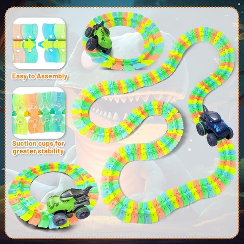 APEO Dinosaur Train Set for Kids Ages 4-8 Dinosaur Toys for Kids 3-5 Race Tracks for Kids Ages 3-5 Contains Glow Race Tracks and LED Toy Cars Car Tracks Gifts for 4 Year Old Boys