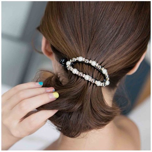 Yheakne Boho Pearl Hair Holder Barrette Black Round Pearl Hair Cuff Hollow Ponytail Holder Clip Vintage Hair Holder Headwear Decorative Hair Accessories for Women and Girls Gifts (White and black bead)