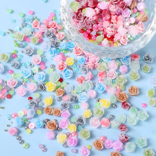 COOSLIM Mixed 3D Rose Flower Nail Charms for Acrylic Nails with Pearls and Gems,12 Colors Rose Flower and Rhinestone for Nail Art Design Accessories Decorations B