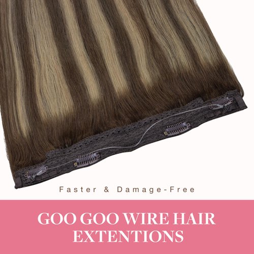 GOO GOO Wire Hair Extensions Human Hair, 4/26/4 Chocolate Brown with Honey Blonde Balayage 12inch 70g, Invisible Wire Hair Extensions with Transparent, Seamless Fish Line Hairpiece