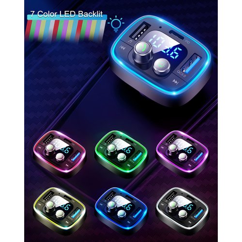 LIHAN USB C Bluetooth Adapter for Car, Wireless FM Radio Transmitter, Handsfree Calling & Audio Receiver, MP3 Music Player, QC3.0 & Type-C PD USB Car Charger,7 Colors LED Backlit