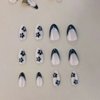 24 Pcs French Tip Fake Nails Black Flower Press on Nails, Round Head Almond Shaped Press on Nails Full Cover False Nails with Designs Black Nail Tips Acrylic Nails for Women DIY Manicure Decorations