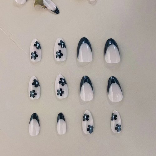 24 Pcs French Tip Fake Nails Black Flower Press on Nails, Round Head Almond Shaped Press on Nails Full Cover False Nails with Designs Black Nail Tips Acrylic Nails for Women DIY Manicure Decorations