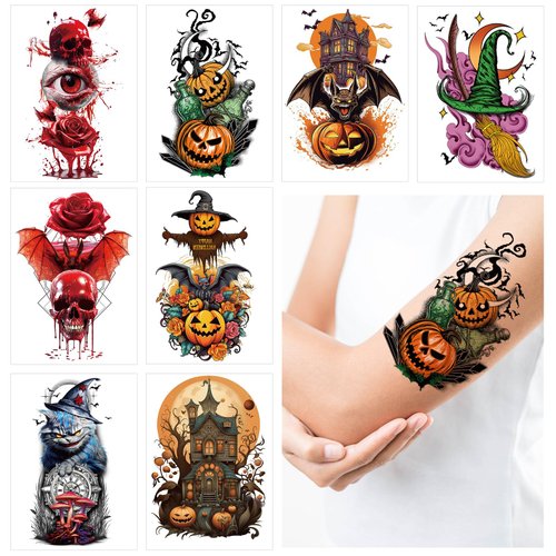 Halloween Arm Temporary Tattoos,8 Sheets Halloween Fake Tattoos Pumpkin Skull Bat Witch Cat Tattoo Stickers for Halloween Costumes Decorations Make Up Party Favors