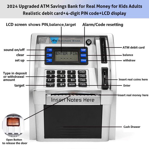 2024 Upgraded ATM Saving Piggy Bank for Real Money for Kids Adults Personal ATM Savings Bank Machine with Card, Password Login, Coin Recognition, Bill Feeder, Balance Calculator, Electronic Safe Box