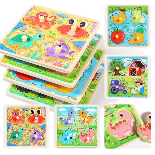 GRINNNIE Wooden Toddler Puzzles, 1 2 3 Years Old Learning Montessori Peg Puzzle Toy Set for Toddlers, 4 Pcs Educational Portable Size Travel Knob Puzzle Toys, Gift for 1-3 Boy Girl Birthday Christmas