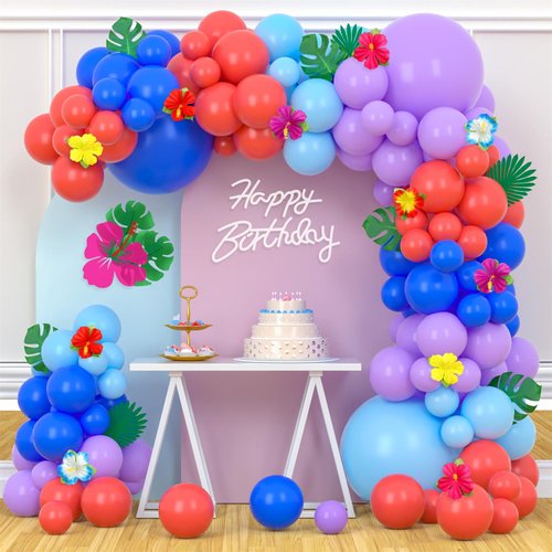 Blue Purple Coral Balloon Arch with Palm Leaves Flower Balloons Garland Kit for Kids Baby Shower Hawaii Tropical Birthday Party Decorations Supplies