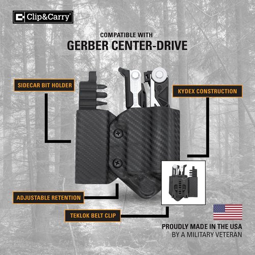 Clip & Carry Kydex Multitool Sheath for GERBER CENTER-DRIVE w/Optional Bit Sidecar Holder ~ Made in USA (Multi-tool & Bits not included) Multi Tool Holster (BLACK, TOOL SHEATH w/BIT SIDECAR)