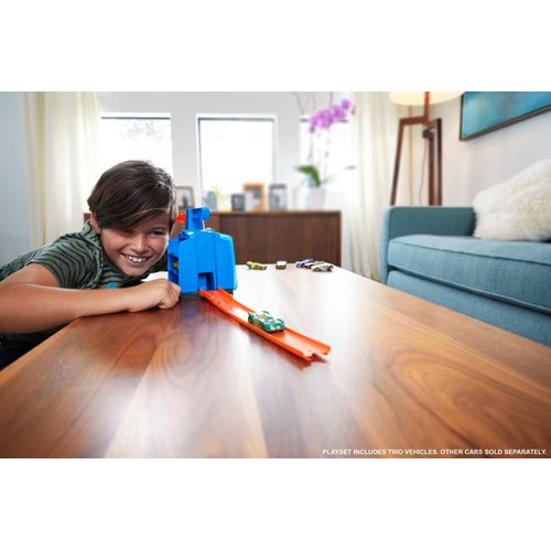 Hot Wheels Toy Car Track Set, Display Launcher & 2 1:64 Scale Vehicles, Visible Storage for 6 Cars Toy Cars, Connects to Track