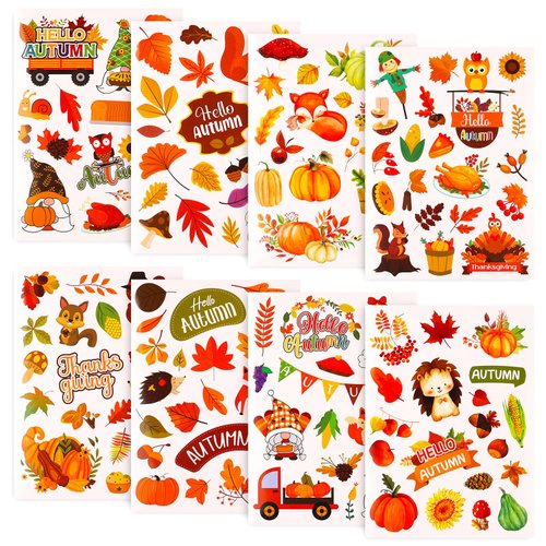 16 Sheets Thanksgiving Stickers, 292 Patterns Autumn Stickers Turkey Squirrel Pumpkin Maple Leaf ...