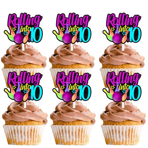 18pcs Glitter Bowling Ball Dessert Cupcake Topper Bowling Rolling into 10 Theme Decor Supplies Boys Girls Happy 10th Birthday Party Decorations