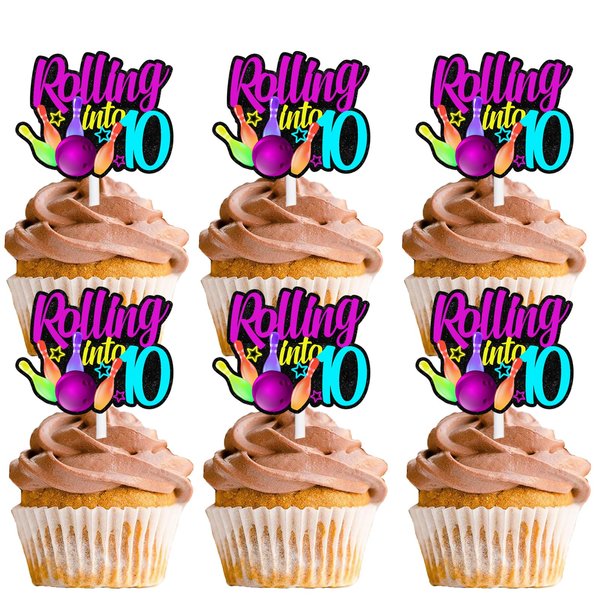 18pcs Glitter Bowling Ball Dessert Cupcake Topper Bowling Rolling into 10 Theme Decor Supplies Boys Girls Happy 10th Birthday Party Decorations