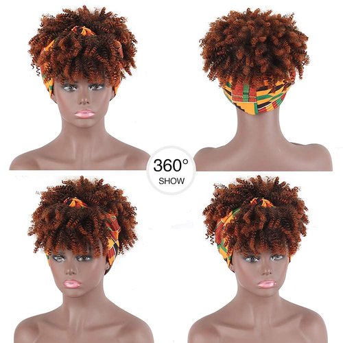 LEOSA Kinky Curly Wigs for Black Women Head Wrap Wigs 2 in 1 Afro Short Curly with Bangs Synthetic Wig Headwrap Wigs Afro High Puff with Bangs Wigs Curly Full Wig with Multicolor Scarf Wig