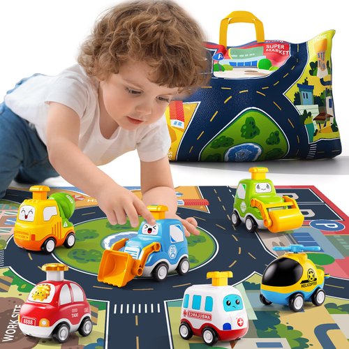 JUKUDAHU Press Engineering Car Toy for Tollders Age 1 2 3 4 5 6 Years Old - Toy Figure Car with Play Map, Push and Go Friction Car for 6 9 12 18 Months, Toddler Gifts for Infant Toddlers, Baby Toys