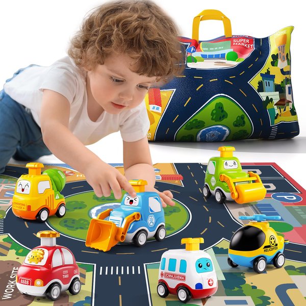 JUKUDAHU Press Engineering Car Toy for Tollders Age 1 2 3 4 5 6 Years Old - Toy Figure Car with Play Map, Push and Go Friction Car for 6 9 12 18 Months, Toddler Gifts for Infant Toddlers, Baby Toys