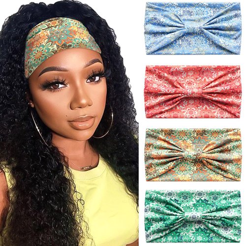 SAWINDA Boho Headbands for Women Floral Pattern Wide Head Bands Stretchy Non Slip Hair Bands for Women's Hair African Cloth Bandanas for Women Yoga Workout Head Wraps Accessories 4 Pack