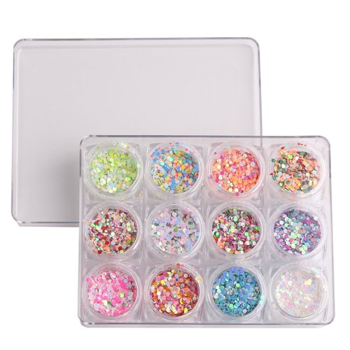 WOKOTO 12 Box 1mm 2mm 3mm Mixed Color And Size Confetti Nails Shiny Round Ultrathin Sequins Nail Art Decoration Set