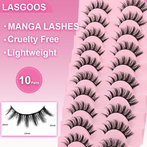 MANGA Lashes False Eyelashes Cosplay Lashes Natural Look Faux Mink 3D Fluffy Eye Lashes Cotton Band Soft Reusable Look Like Extensions 10 Pairs 13mm Cross Lashes Pack