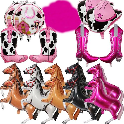 20 Pcs Western Themed Party Balloons Cowgirl Boot Balloons*4 Horse Balloons*10 Cowgirl Hat Balloons*4 Roundness Foil Balloons*2 Cowgirl Party Decorations for Western Themed Party Supplies Favors