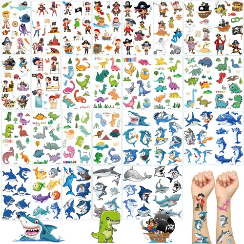 30 Sheets Temporary Tattoos Kit for Kids, 289Pcs Fake Cute Tattoo Stickers Waterproof, Birthday Party Favor (Shark & Pirates & Dinosaurs)