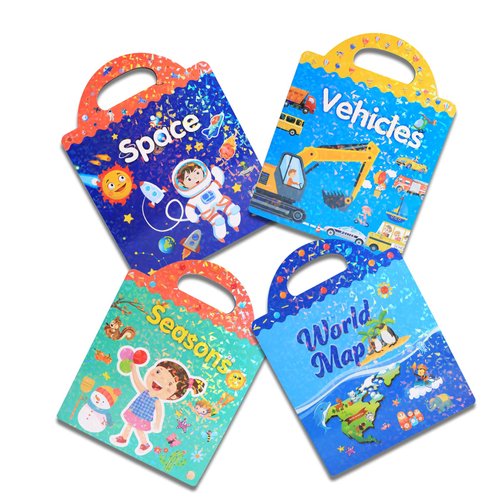 GOONAVI 4 Sets Portable Travel Stickers Story Books, Reusable Quiet Sticker Books for Kids & Toddlers 2-4 Years Birthday Gifts, Jelly Stickers Story Busy Book (Space+World Map+Seasons+Vehicles)