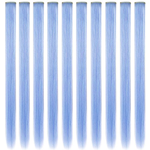 HUANLING 10 Pcs Colored Hair Extensions 21inch Colored Party Highlights Straight Heat-resistant Synthetic Hairpieces Clip in Halloween Hair Accessories for Girls(Light Blue)