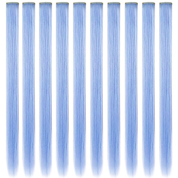 HUANLING 10 Pcs Colored Hair Extensions 21inch Colored Party Highlights Straight Heat-resistant Synthetic Hairpieces Clip in Halloween Hair Accessories for Girls(Light Blue)
