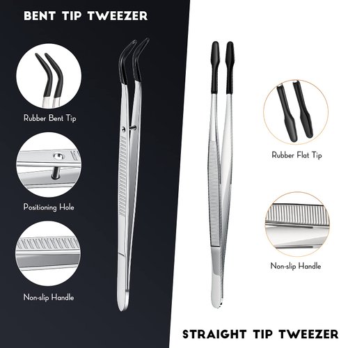 2 Pieces Tweezers with Rubber Tips Set PVC Rubber Coated Tips Bent and Straight Flat Tip Tweezers Stamp Coins Jewelry Hobby Crafts Industrial Electronic Tweezers Tools (Silver, Black)