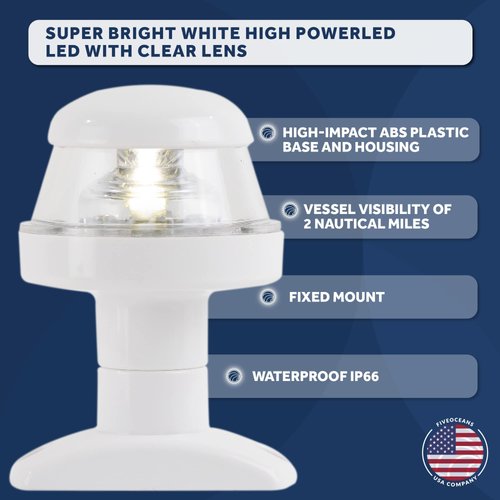Five Oceans Anchor Light - Stern Lights for Boats, Boat Lights Navigation,12V DC, USCG Rules 2NM, 3 1/4 Inch Fixed Mount, Boat Stern Light for Pontoon, Fishing Boats, Bass Boats, Sport Boats - FO2312
