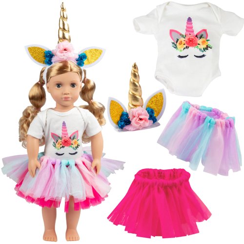 4pc Enchanted Unicorn Doll Outfit w Headband- 18" Doll Clothes & Accessories Compatible w American Girl Doll - Set Includes Leotard, Unicorn Horn & Flower Headband, & 2 Colorful Tutus- Gifts for Girls
