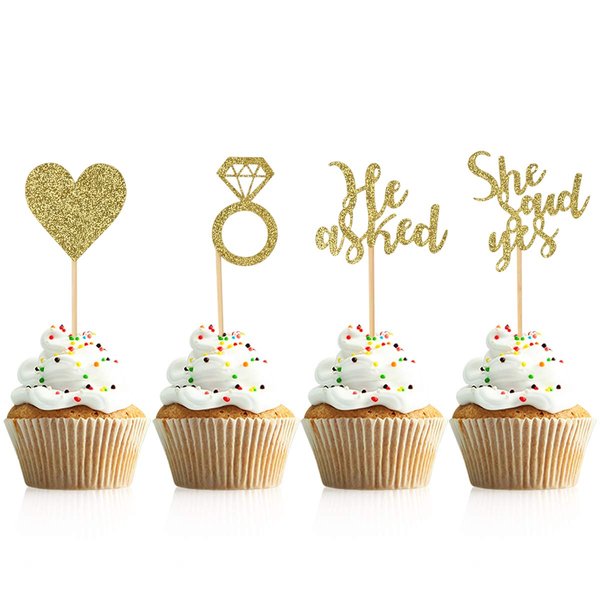 Donoter 48 Pcs Gold He Asked She Said Yes Cupcake Toppers Diamond Ring Heart Cake Picks for Wedding Engagement Party Cake Decorations