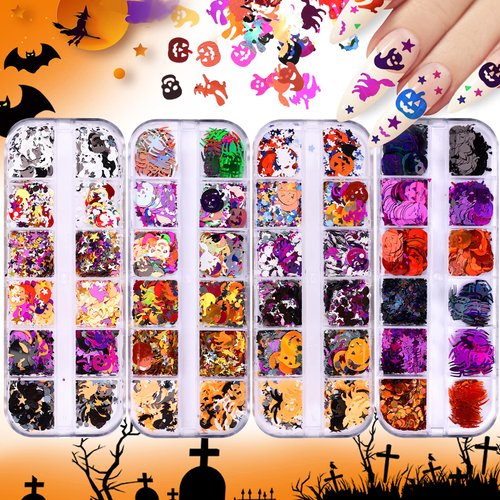 EBANKU 4 Boxes Halloween Nail Art Glitter Sequins, Holographic Skull Spider Pumpkin Bat Ghost Witch Glitter Flakes, 3D Halloween Confetti Glitter for Nails Design Halloween Party