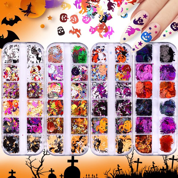EBANKU 4 Boxes Halloween Nail Art Glitter Sequins, Holographic Skull Spider Pumpkin Bat Ghost Witch Glitter Flakes, 3D Halloween Confetti Glitter for Nails Design Halloween Party