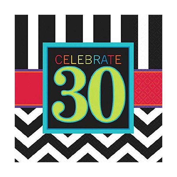 Must-Have Chevron and Stripes 30th Birthday Party Beverage Napkins Tableware, Pack of 16, Multi , 5"x5" Paper
