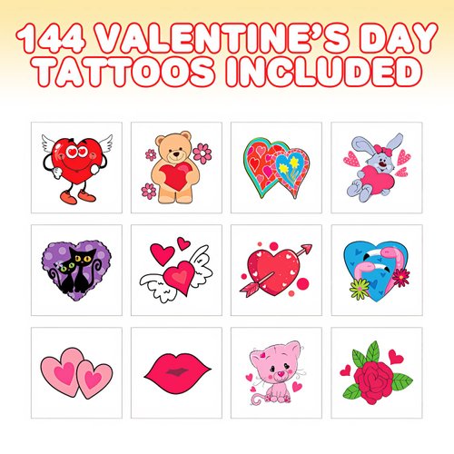 ArtCreativity Temporary Valentines Tattoos for Kids, Pack of 144, Cute Valentines Day Tattoos, Valentine Party Favors, Valentines Gifts for Kids, Goodie Bag Fillers, Halloween Treats, Assorted Designs