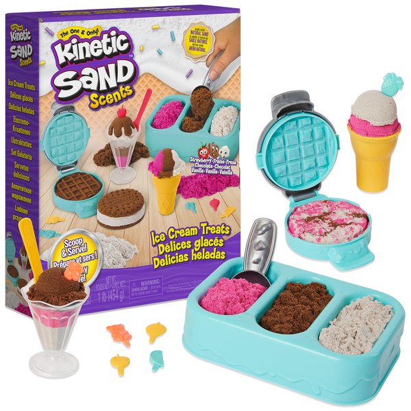 Kinetic Sand Scents, Ice Cream Treats Playset with 3 Colors of All-Natural Scented Play Sand and 6 Serving Tools, Sensory Toys for Kids Ages 3 and up