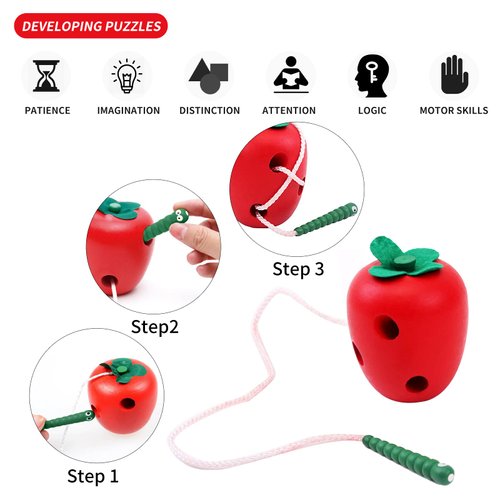 Early Development Toys Wooden Lacing Toys, Montessori Activity Caterpillars Eat Apple and Kids Cheese Toys, Children Learning Educational Wood Block Puzzles Toy for Toddlers Boys Girls