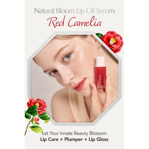 PINATE Natural Bloom Korean Lip Oil Serum 0.14 fl oz | Moisturizing Lip Booster Plumping Oil Tint Serum Enriched w/Camellia & Safflower Oils | Non-Irritating Color Changing Lip Oil (Red Camelia)