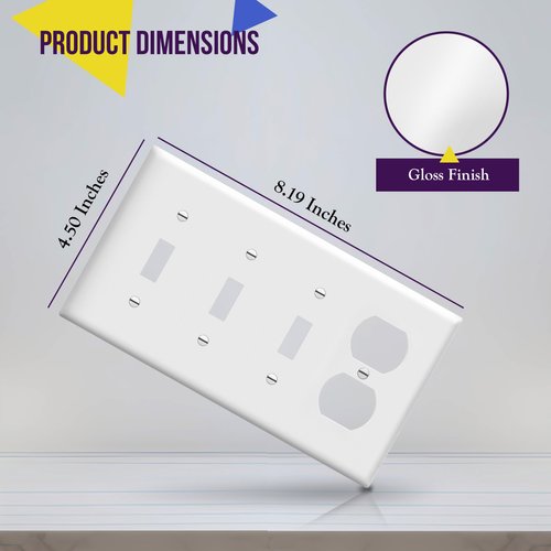 ENERLITES Combination Triple Toggle/Single Duplex Receptacle Outlet Wall Plate, Standard Size 4-Gang Light Switch Cover (4.50" x 8.19"), Polycarbonate Thermoplastic, UL Listed，881321-W, 1. White