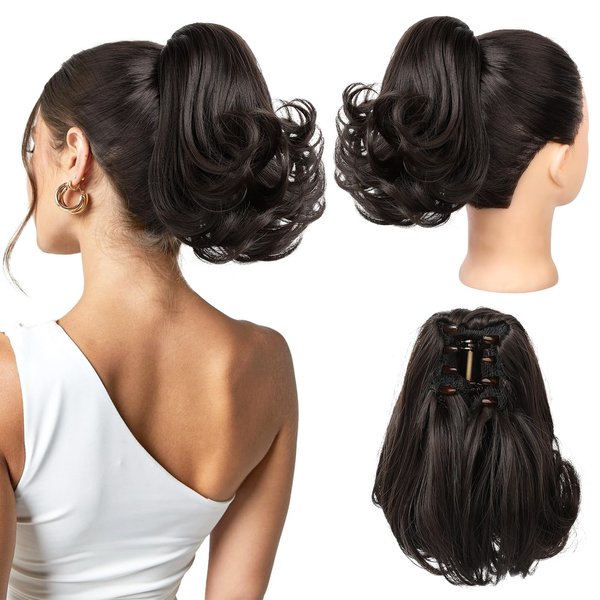 Flufymooz Ponytail Extension, 8 inch Short Claw Ponytail Extension Wavy Curly Jaw Clip in Pony tails Hair Extension Natural Synthetic Hairpiece for Women (Black Brown)