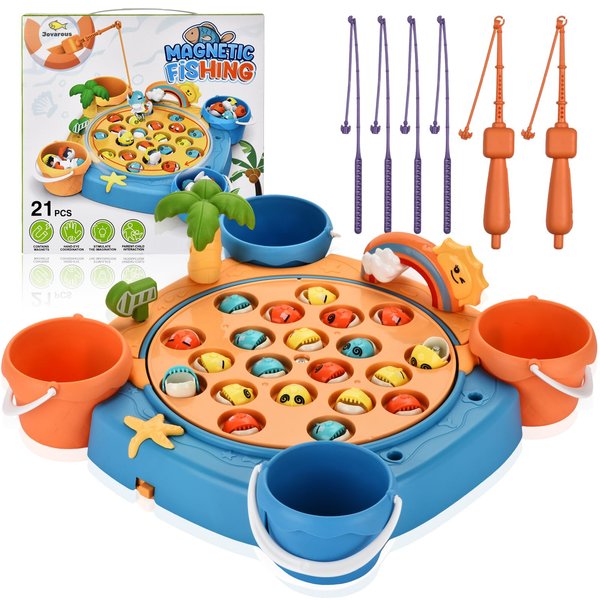 Jovarous Magnetic Fishing Game Set - 21 Fish and 6 Poles, Rotating Toddler Board Games with Music Switch, Fine Motor Skills Fishing Toys for Kids and Toddlers 3 4 5 6 7 8 and Up