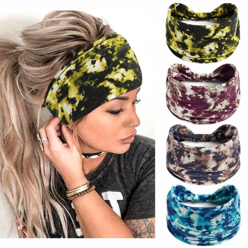 STGDAK Boho Hair Bands for Women's Hair Tie Dye Non Slip Headbands Wide Head Wraps Soft Fabric Hair Bandana Cloth Head Turbans Yoga Running Sports Workout Hair Accessories for Women Girls 4 Pack