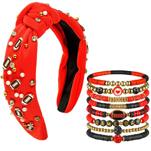 Quelay Game Day Headband for Women and 8 Pcs Bracelets Accessories Pearl Rhinestone Jeweled Knotted Headband Beaded Stretch Bracelet for Game Day Gifts Jewelry(Red,Red Black)
