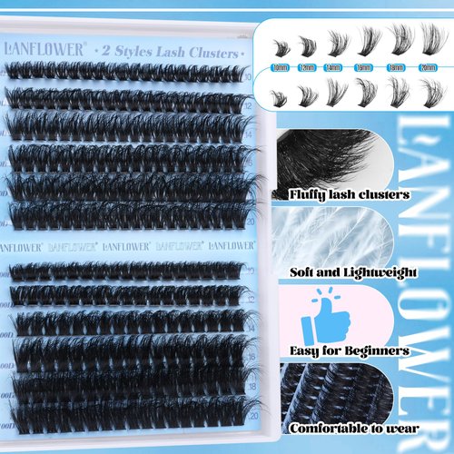 Fluffy Lash Clusters Kit 80D 100D Thick Volume Eyelash Extension Kit D Curl Lash Extension Kit Fluffy Individual Lashes 10-20mm Cluster Eyelash Extensions Kit with Lash Bond and Seal by Lanflower