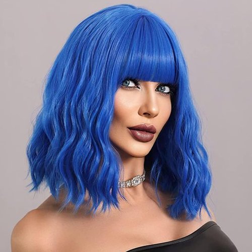 Airhostess Wavy Wig With Air Bangs Women's Short Bob Curly Shoulder Length Bob Synthetic Daily Use Colorful Cosplay Wig for Girls (Blue)