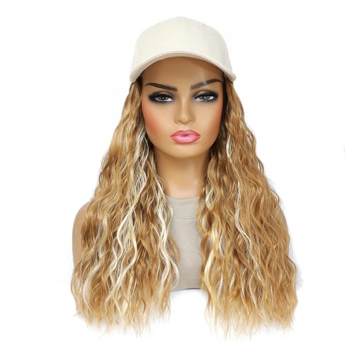 Yunkang Baseball Cap Wig Natural Wavy Hair Extensions With Hat attached Heat Resistant Synthetic Adjustable Hat Wig for Women Girls (M mix blonde, 14inch)