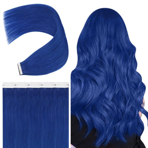 Tape in Hair Extensions Human Hair Blue, JoYoung Blue Tape in Hair Extensions 20Inch Human Hair Extensions Tape in Blue 25Gram 10Pcs Invisible Tape in Human Hair Extensions Skin Weft Extensions