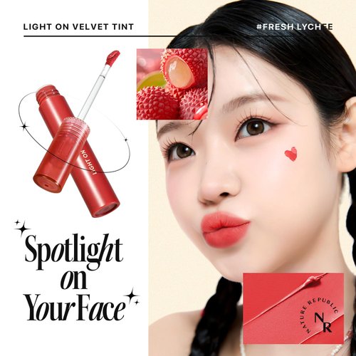 Nature Republic Light on Velvet Tint (01 FRESH LYCHEE), Liquid Lipstick, lip tint, Blur effect, lip& cheek, nude lip,Soft Creamy Matte Finish Lip, Velvety, lip stain, High Pigment, Korean Lip Makeup
